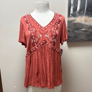 NWT Chic Embroidered V-Neck Blouse - Rust